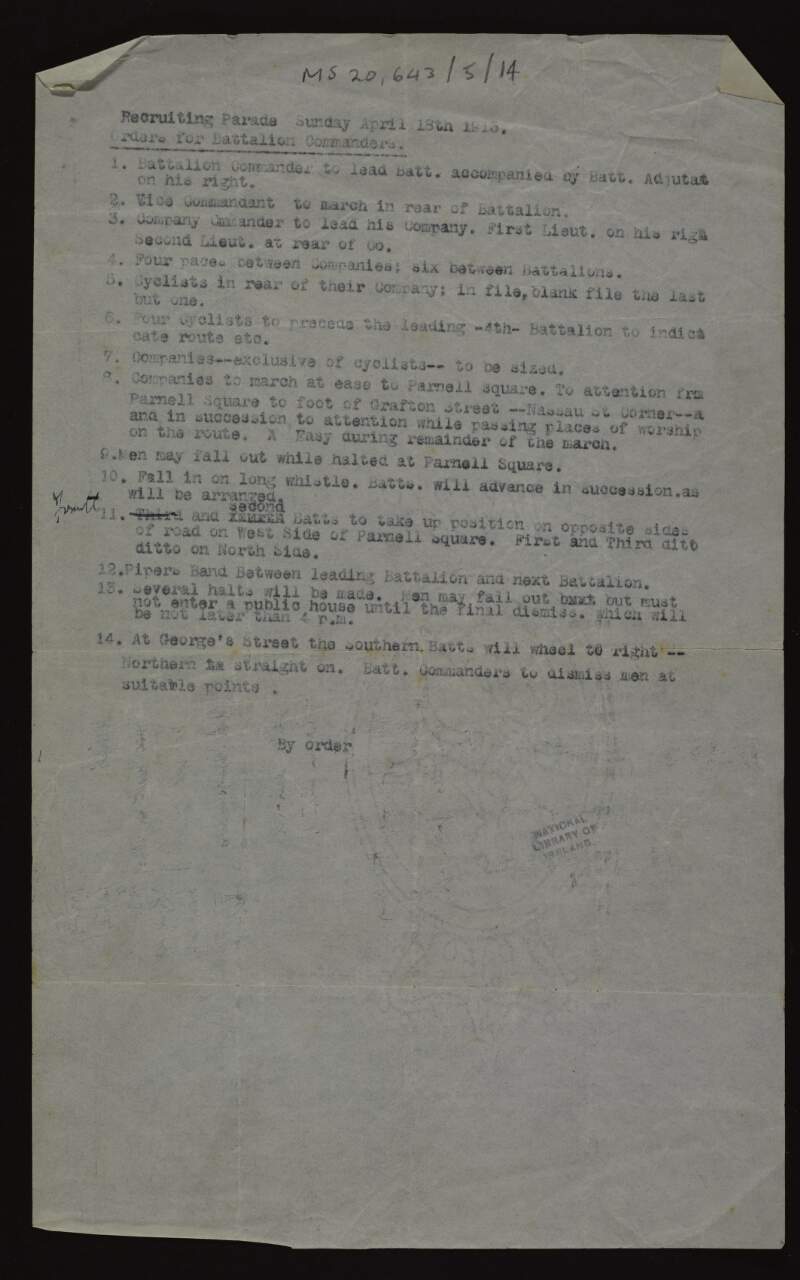 Orders for Battalion Commanders for Recruiting Parade on Sunday April 18 1915,