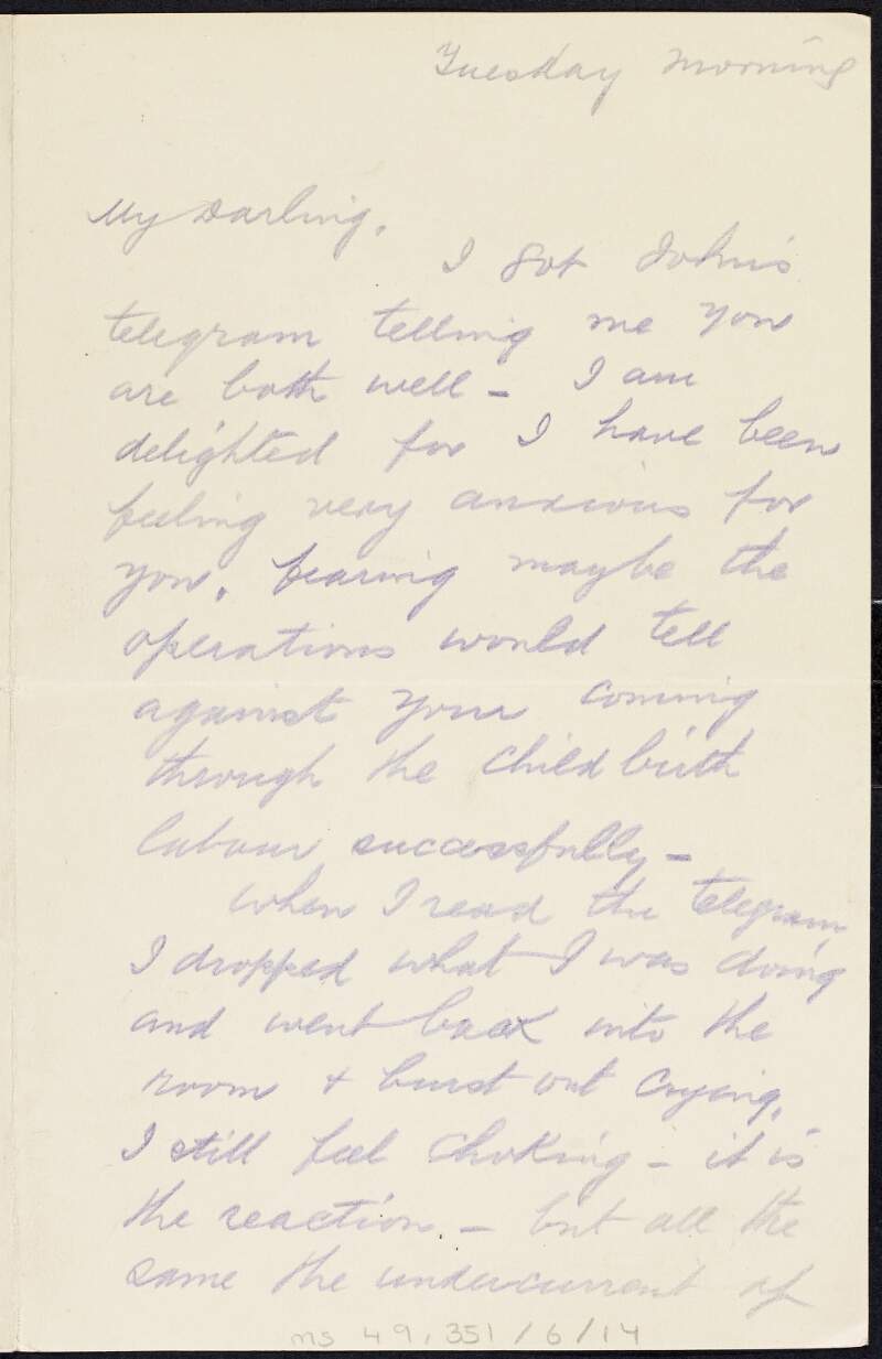Letter from Tom Clarke to Kathleen Clarke regarding the birth of their second son,