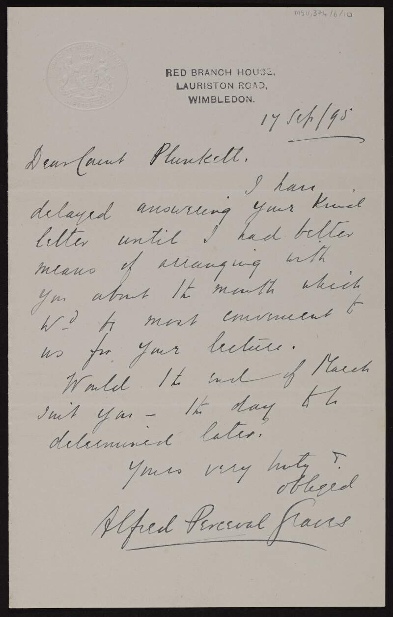 Letter from Alfred Perceval Graves to George Noble Plunkett, Count Plunkett, arranging a date for a lecture,