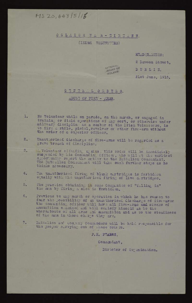 General orders for "Abuse of Fire-Arms" to Irish Volunteers by the Director of Organisation,