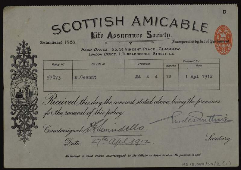 Life assurance policy certificates for Éamonn Ceannt,