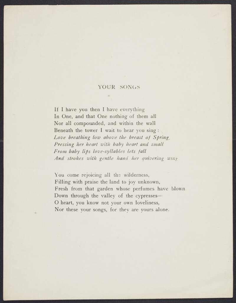 Printed copy of the poem 'Your Songs' by Joseph Mary Plunkett,
