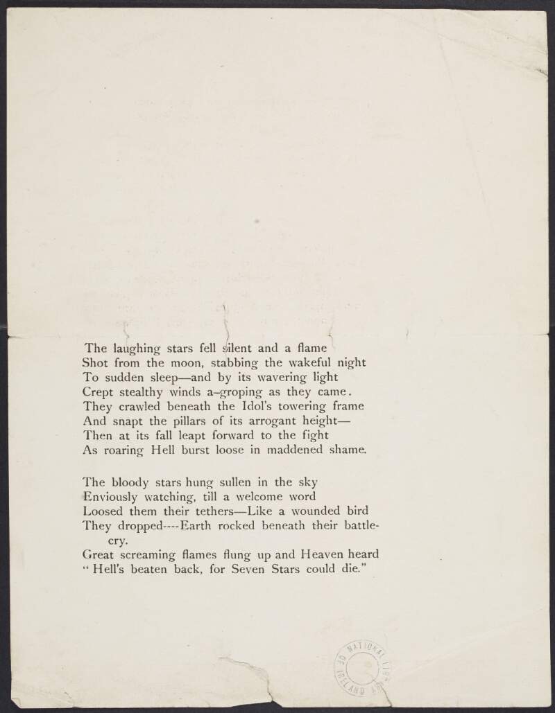 Printed copy of the poem begining with the line "The laughing stars fell silent and a flame" by Joseph Mary Plunkett,