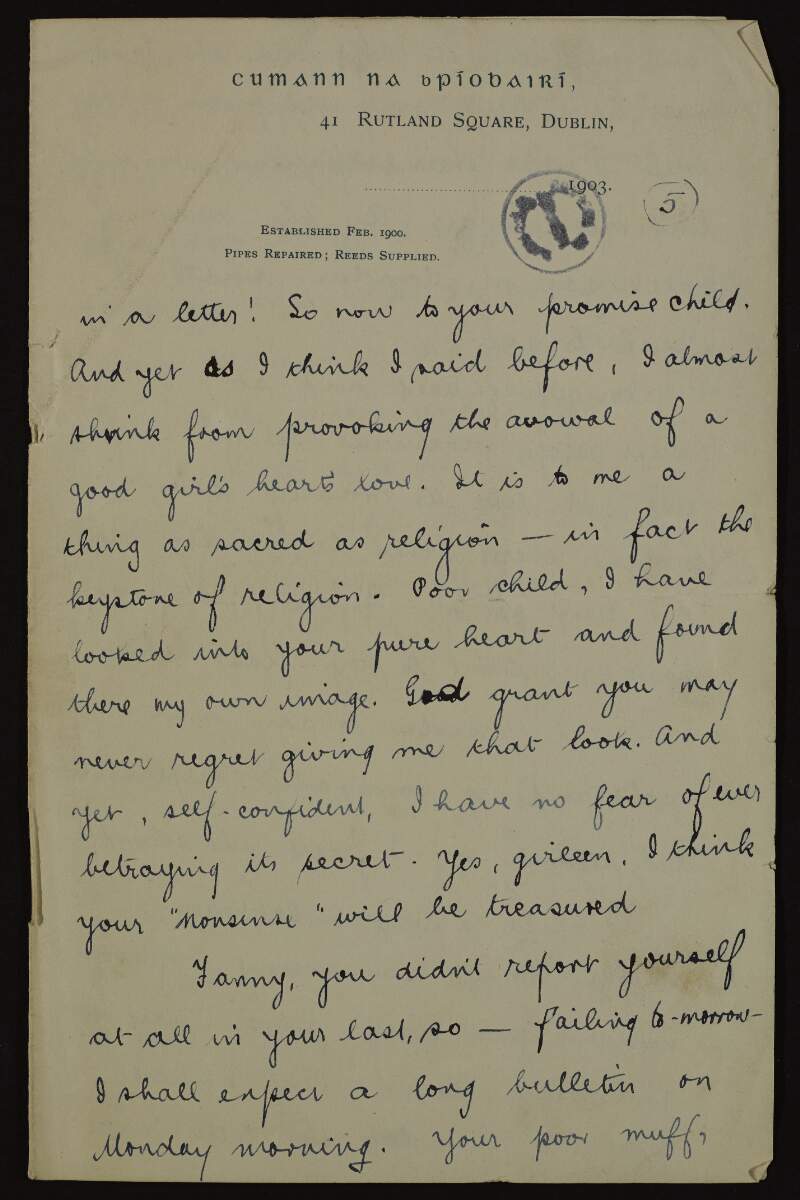 Partial letter from Éamonn Ceannt to Áine Ceannt about love, meeting and a short story,