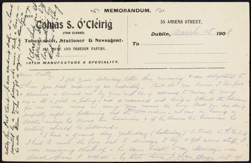 Letter from Tom Clarke to Kathleen Clarke regarding business and a visit from Bulmer Hobson,