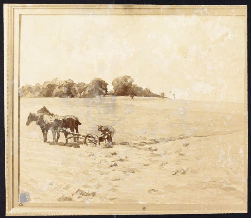 Two printed reproductions of a painting depicting a labourer bent down his plough led by two horses in the middle ground, with a grove of trees in the background,