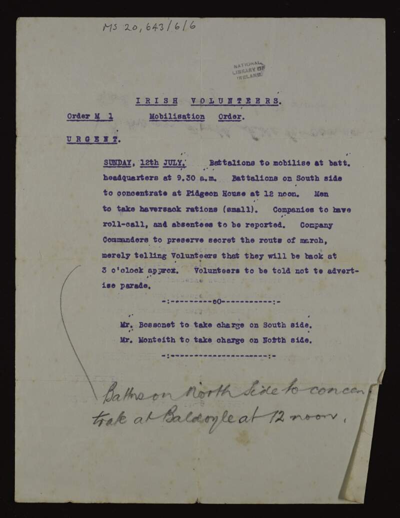 Mobilisation order for Irish Volunteers which is highlighted as an urgent command to battalions to mobilise at respective battalion headquarters,
