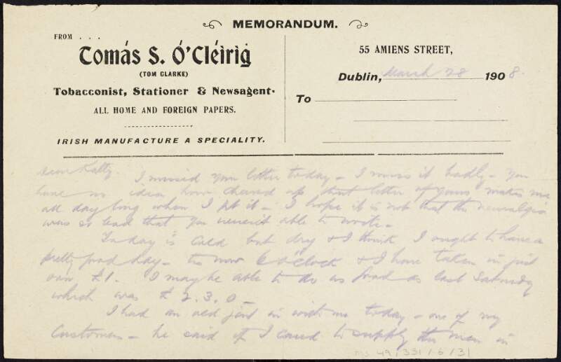Letter from Tom Clarke to Kathleen Clarke regarding a contract to supply the office of the 'Irish Times' with tobacco,