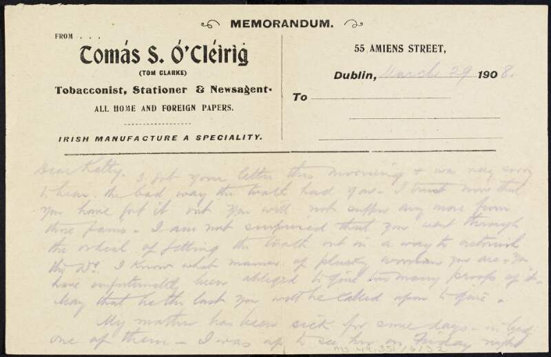 Letter from Tom Clarke to Kathleen Clarke regarding his mother's cooking,