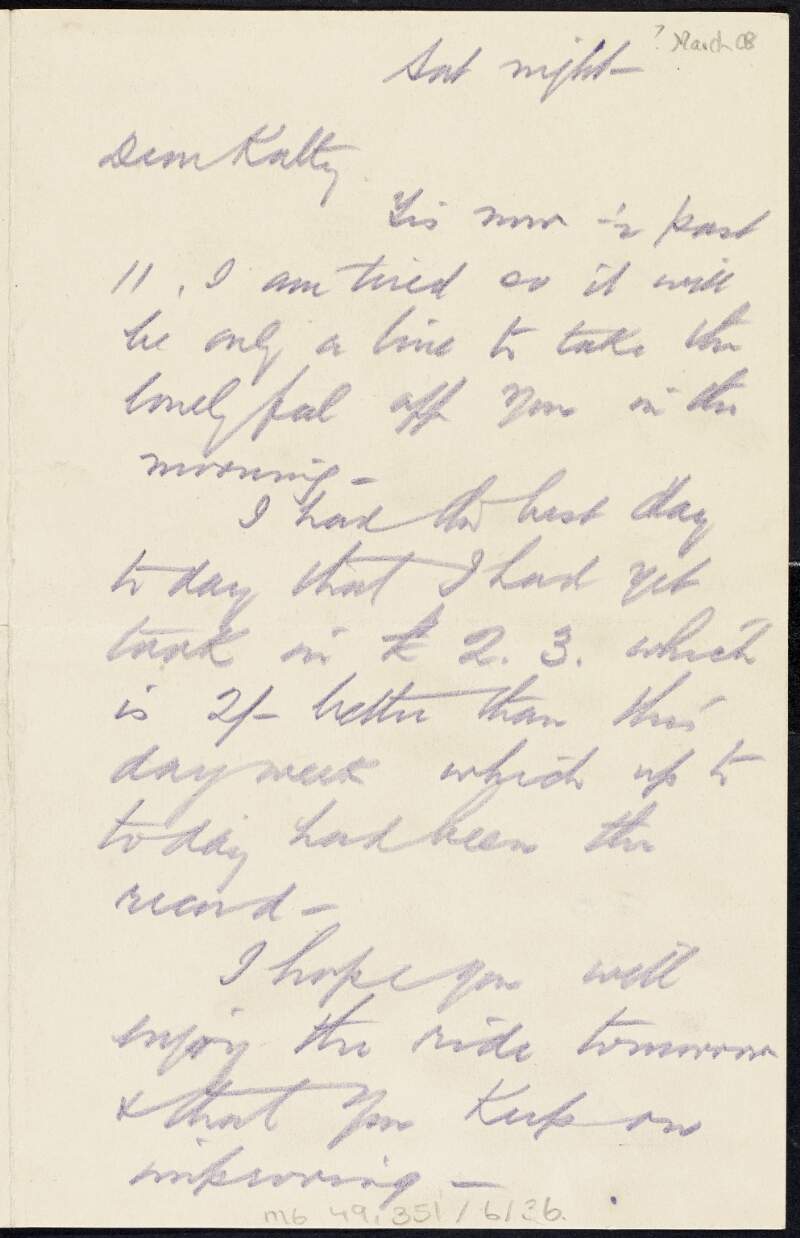 Letter from Tom Clarke to Kathleen Clarke regarding Bulmer Hobson's proposal to start a newspaper,
