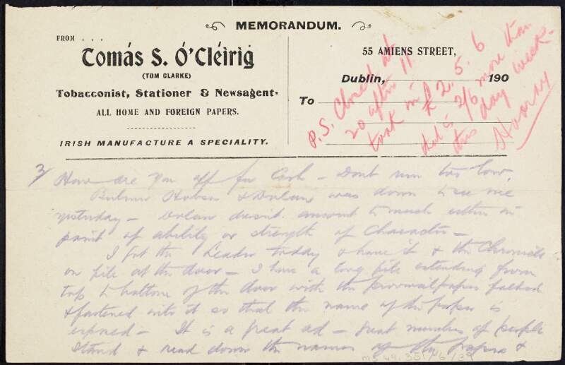 Partial letter from Tom Clarke to Kathleen Clarke regarding his busy day and a visit from Bulmer Hobson and Charles Dolan,