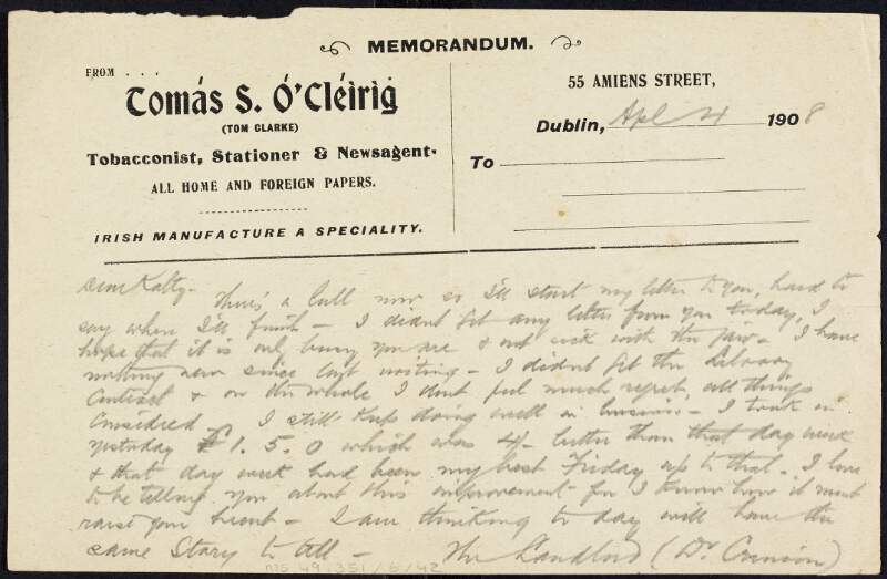 Letter from Tom Clarke to Kathleen Clarke regarding the supply of newspapers to a hotel,