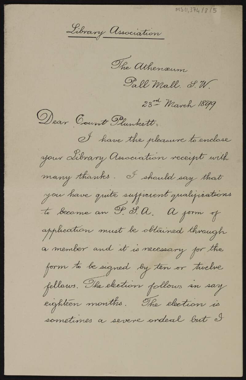 Letter from Henry R. Tedder to George Noble Plunkett, Count Plunkett, about Library Association membership,