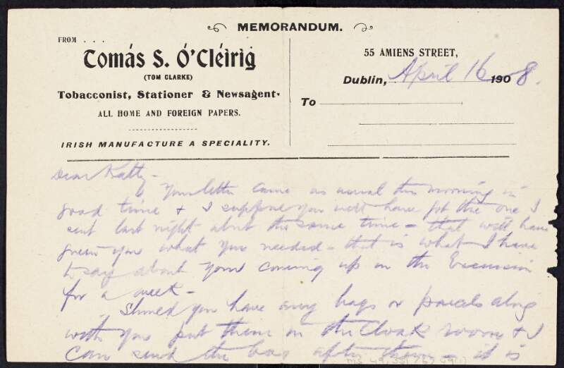 Letter from Tom Clarke to Kathleen Clarke giving directions from Kingsbridge Station to his shop,