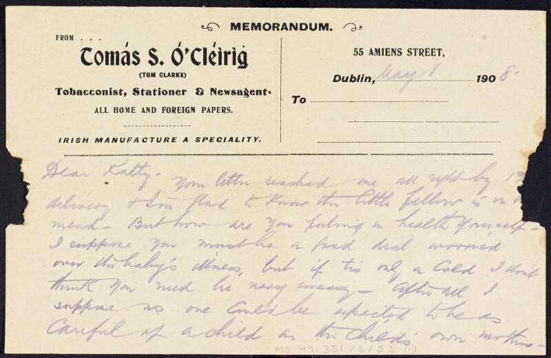Letter from Tom Clarke to Kathleen Clarke regarding his son's illness and new lines of stock,