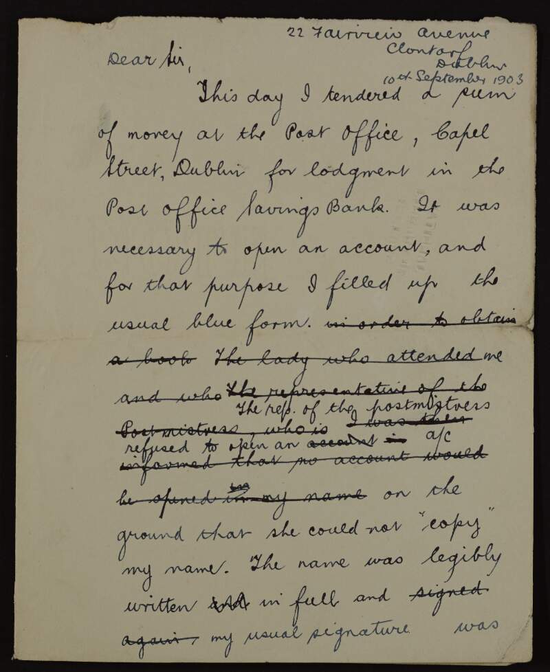 Letter from Éamonn Ceannt to the Post Office Savings Bank requesting resolution of a problem making a lodgement,