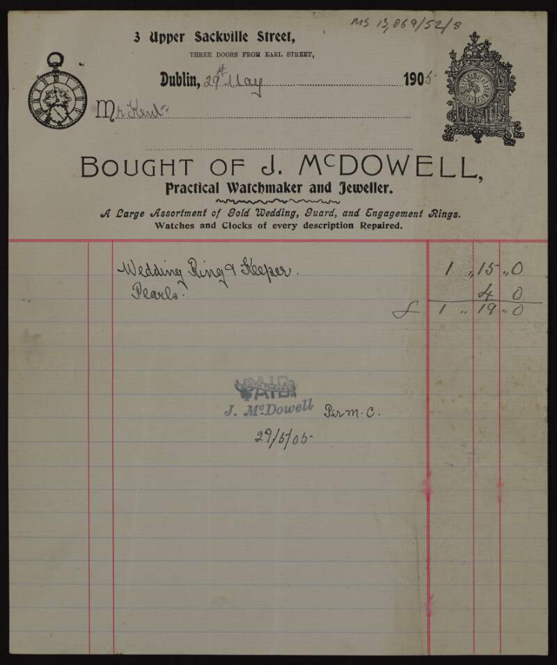 Stamped invoice from J. McDowell to Éamonn Ceannt for a wedding ring and pearls,