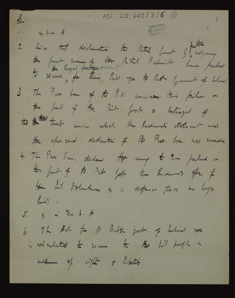 Draft of document by Thomas MacDonagh outlining the remit of the Provisional Committee of the Irish Volunteers,