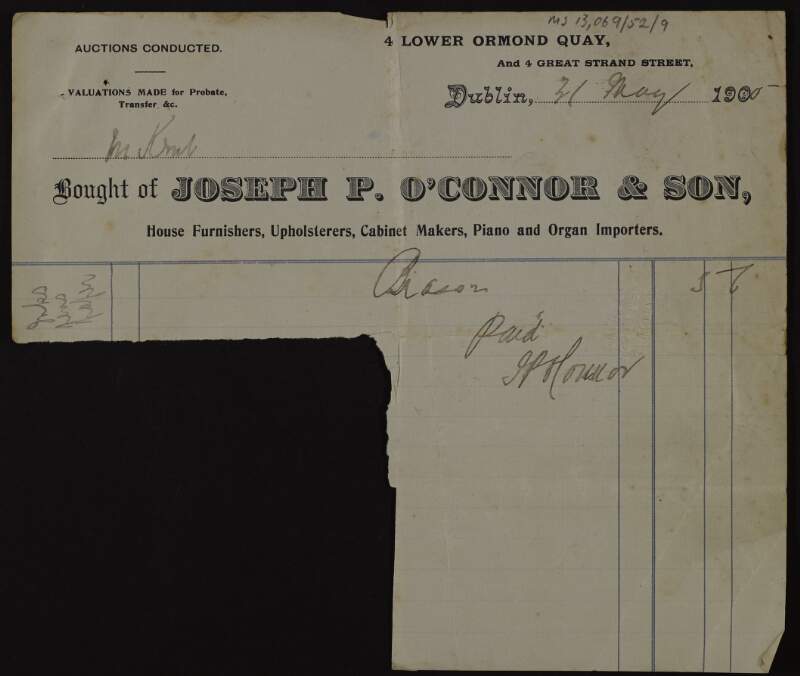Invoice from Joseph P O'Connor & Son for Éamonn Ceannt for stationery,