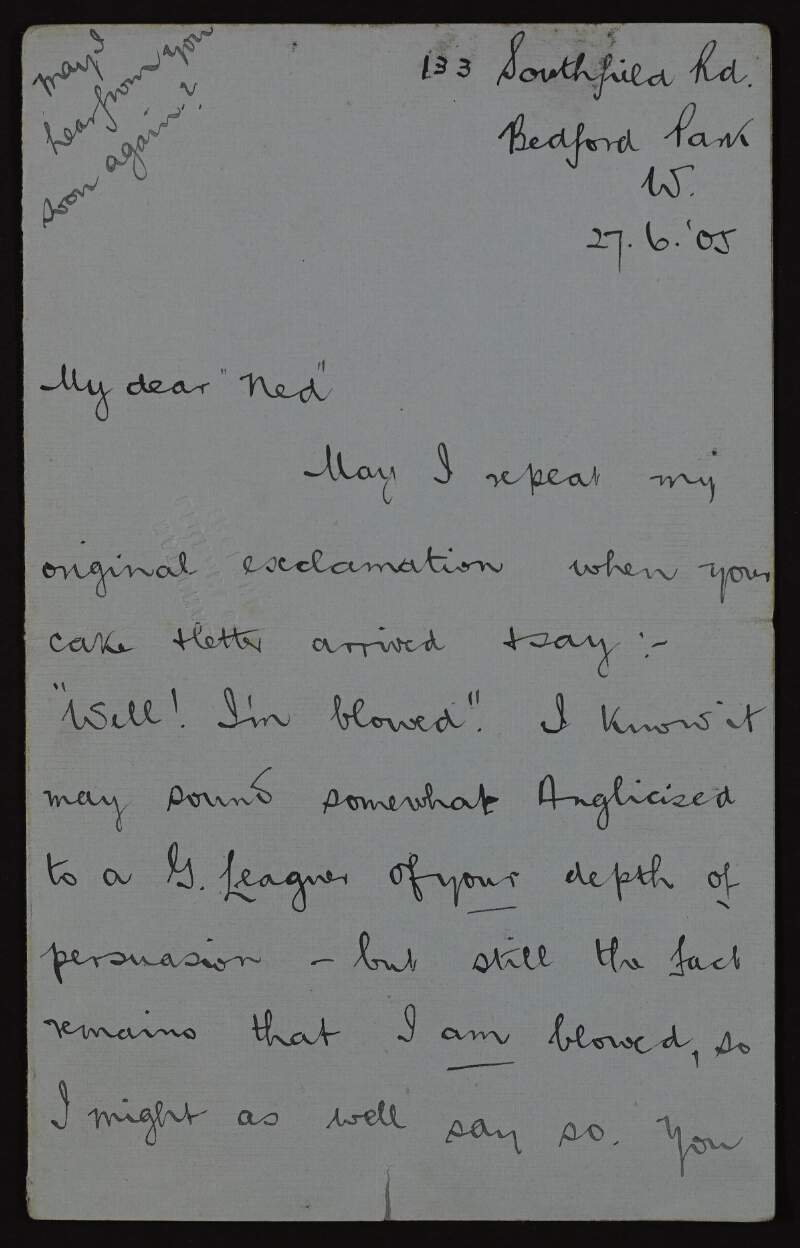 Letter to Éamonn Ceannt from Peter Murray, congratulating him on his marriage and wishing him well,