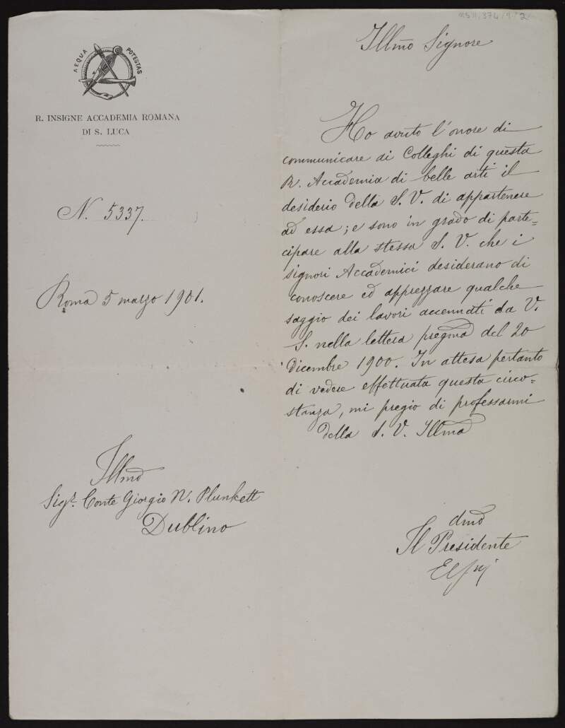 Letter from the President of the Accademia di San Luca, to George Noble Plunkett, Count Plunkett,