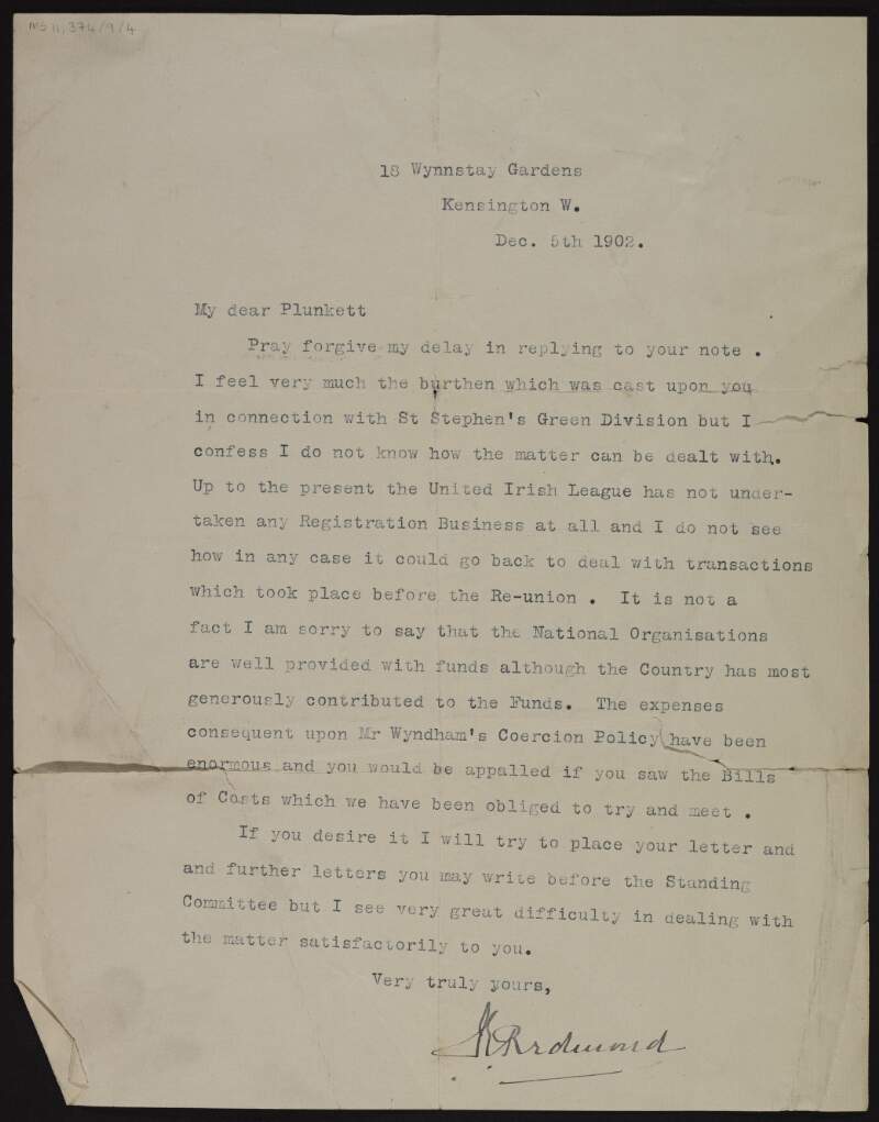Letter from John Redmond to George Noble Plunkett, Count Plunkett, about transactions relating to the St. Stephen's Green Division of the United Irish League,