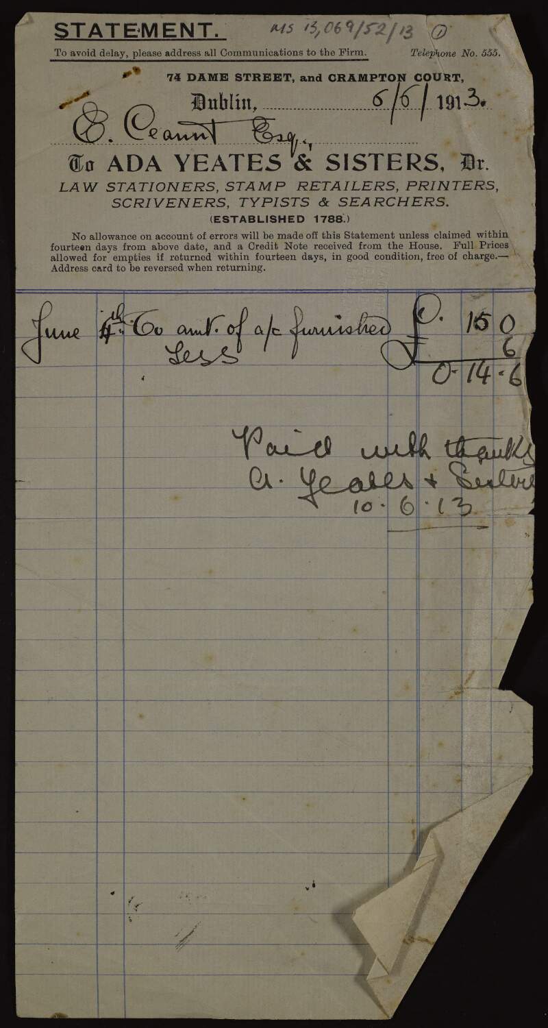 Invoice and note from Ada Yeates & Sisters, 74 Dame Street, to Éamonn Ceannt for typing costs,