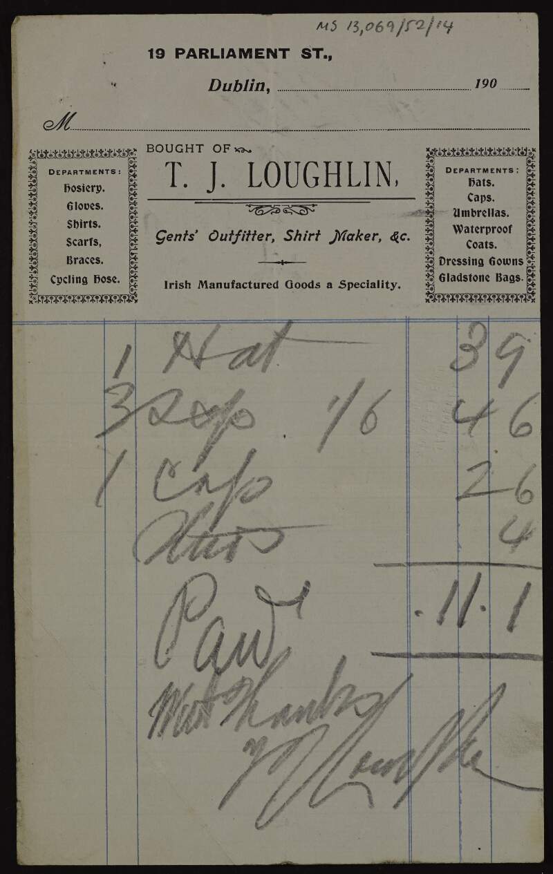 Invoice from T. J. Loughlin, 19 Parliament St., to Éamonn Ceannt for clothing,