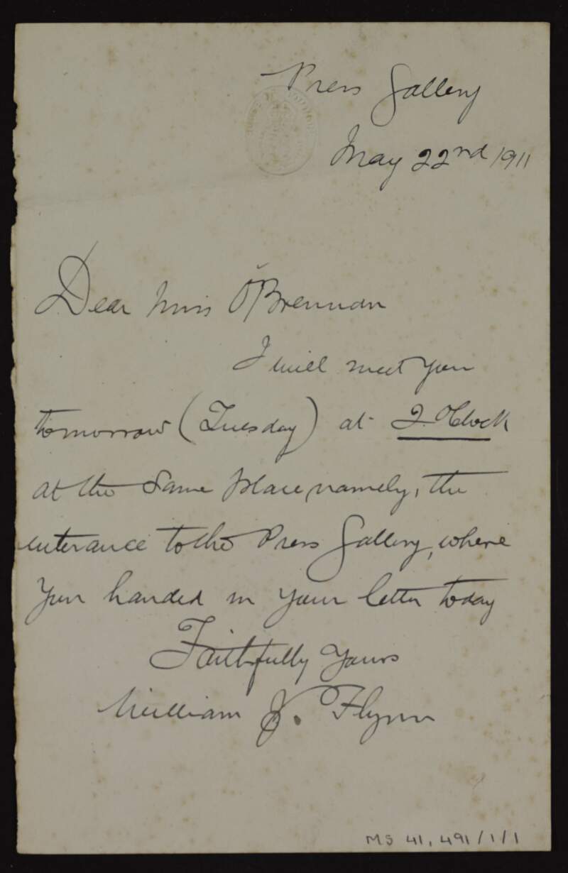 Letter from William J. Flynn to Lily O'Brennan confirming a meeting,