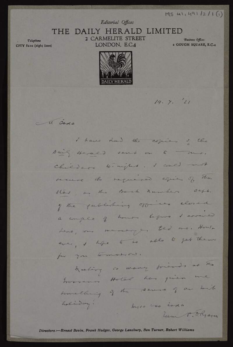 Letter from Liam P. Ó Riain to Lily O'Brennan concerning newspapers for Erskine Childers,