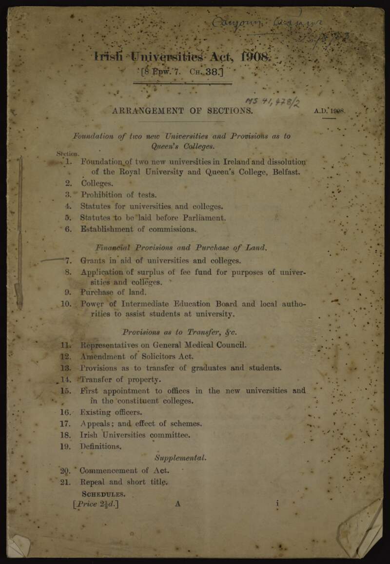 Copy of the Irish Universities Act, 1908 (8 Edw. 7. Ch. 38.) signed by Éamonn Ceannt,