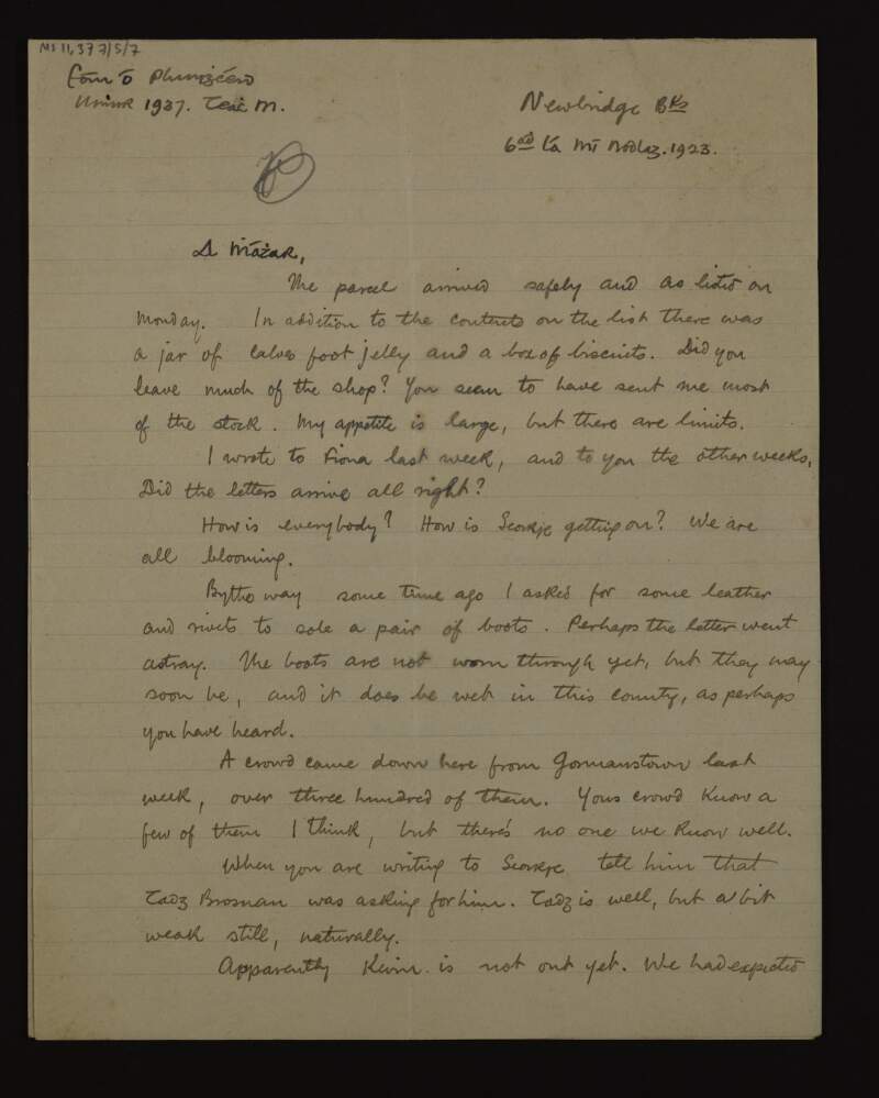 Letter from John "Jack" Plunkett to Mary Josephine Plunkett, Countess Plunkett, from Newbridge Barracks, confirming the arrival of parcels and mentioning the arrival of prisoners from Gormanston Camp,