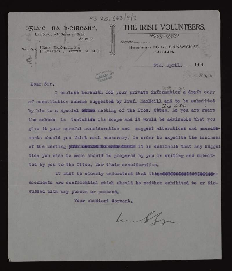 Letter from Liam Gogan to Thomas MacDonagh informing that a draft copy of the constitution of the Irish Volunteers has been circulated,