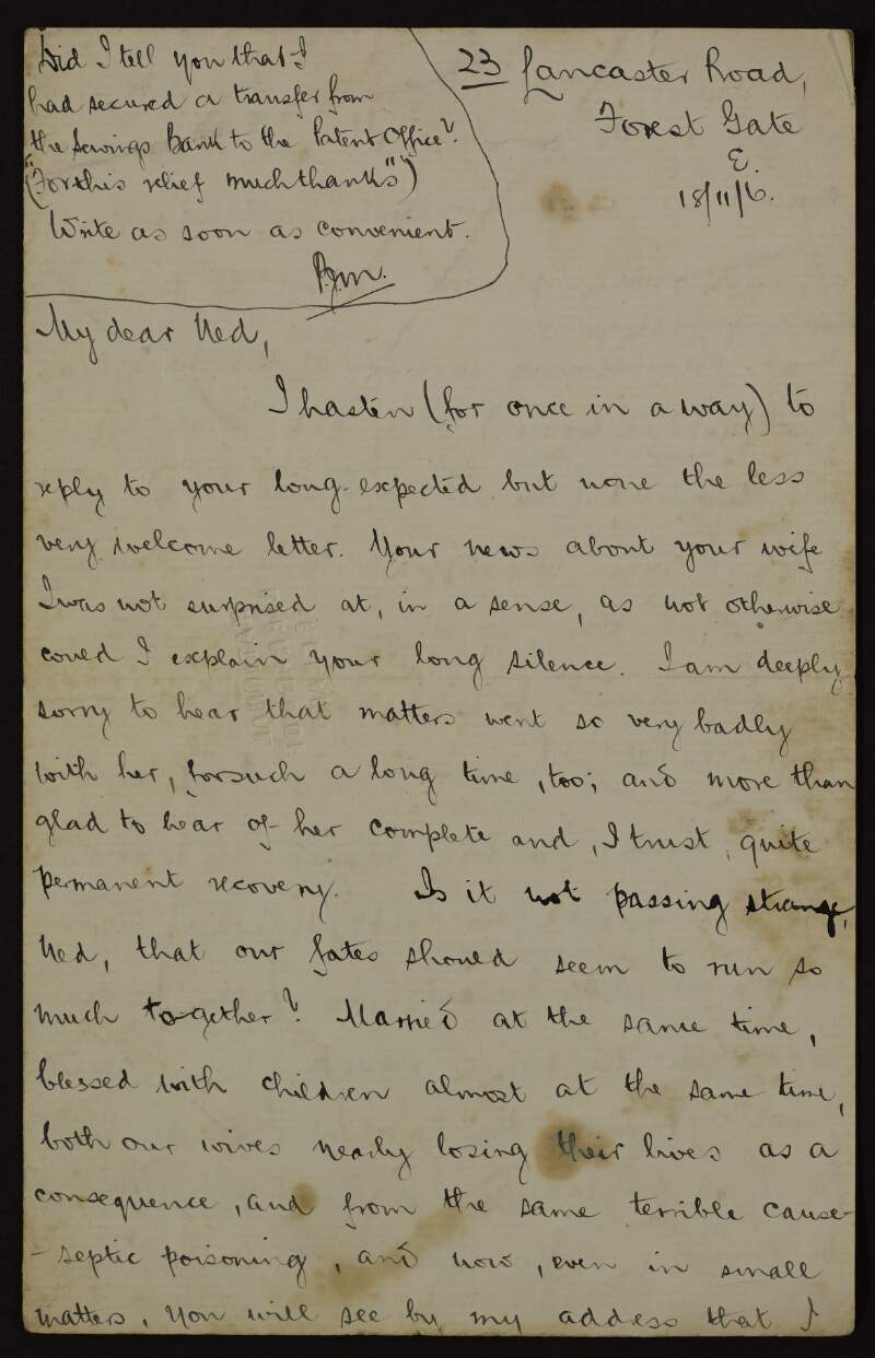 Letter to Éamonn Ceannt from Peter Murray expressing how glad he was to learn that Áine Ceannt had recovered from septic poisoning, and about their respective families,