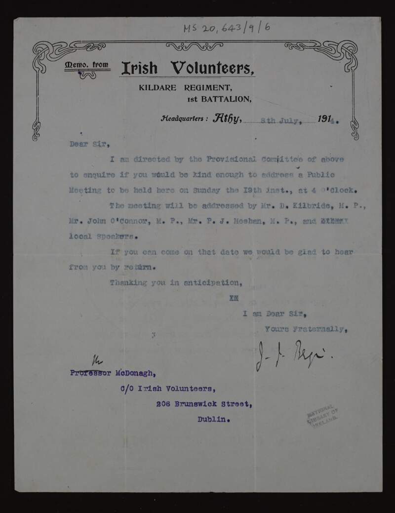 Memorandum from First Battalion, Kildare Regiment of Irish Volunteers,
