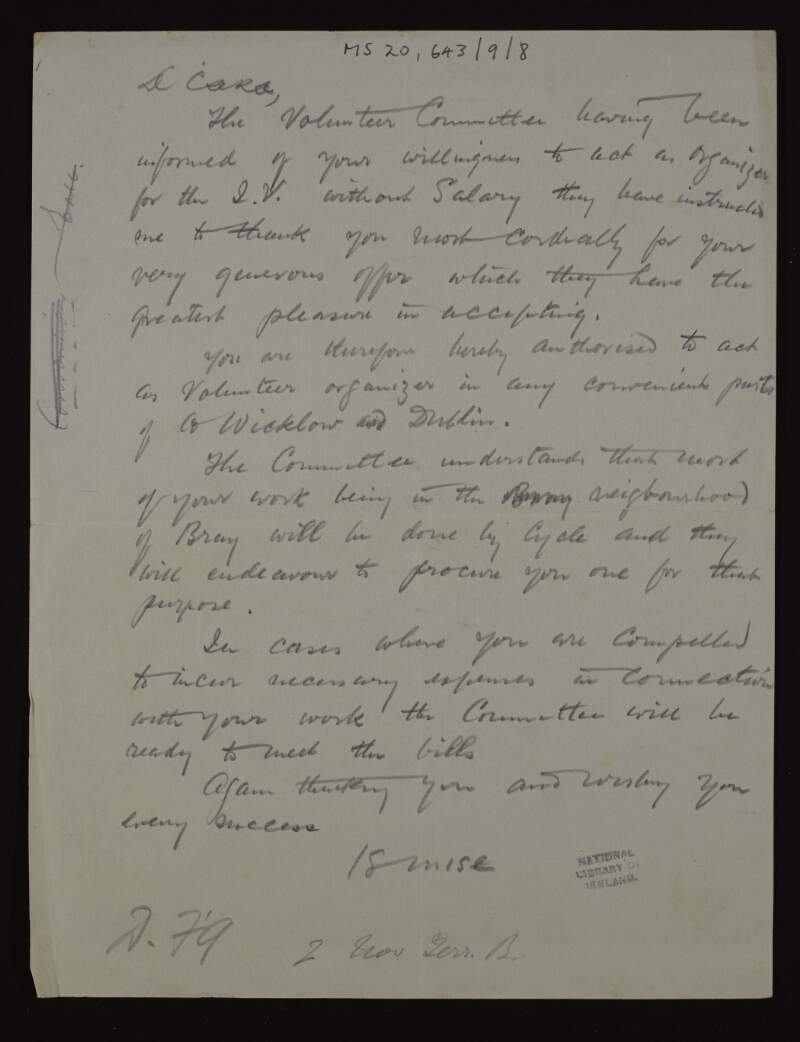 Letter from Volunteer Committee of the Irish Volunteers to Thomas MacDonagh accepting his offer to act as organiser without pay,