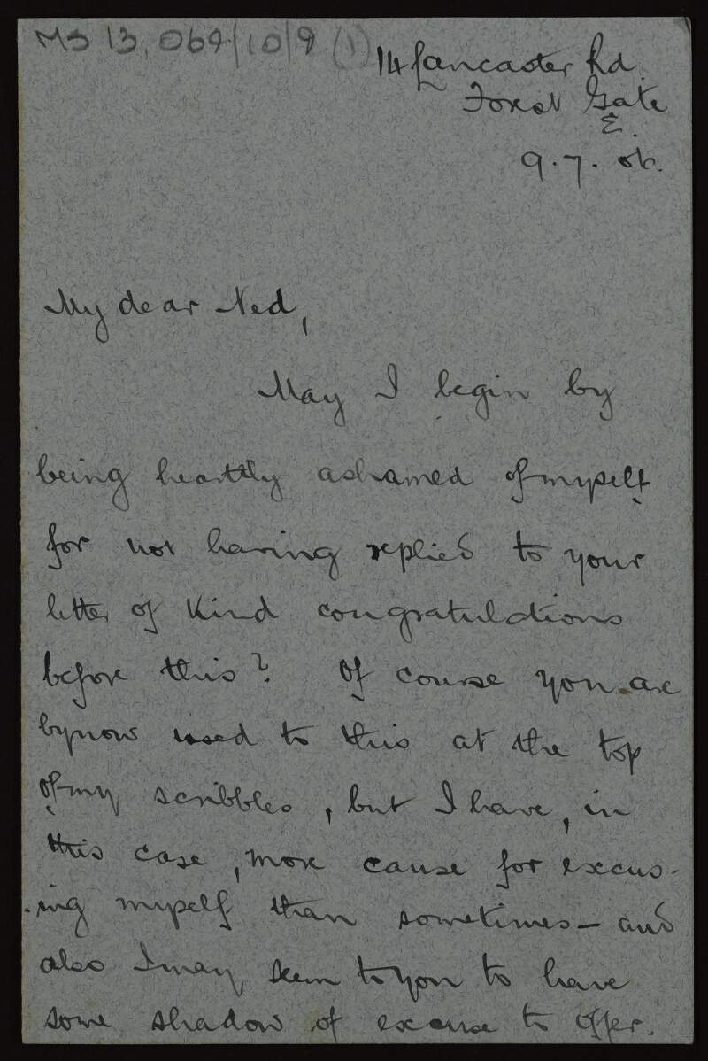 Letter to Éamonn Ceannt from Peter Murray thanking him for his letter of congratulations on the birth of Murray's daughter,