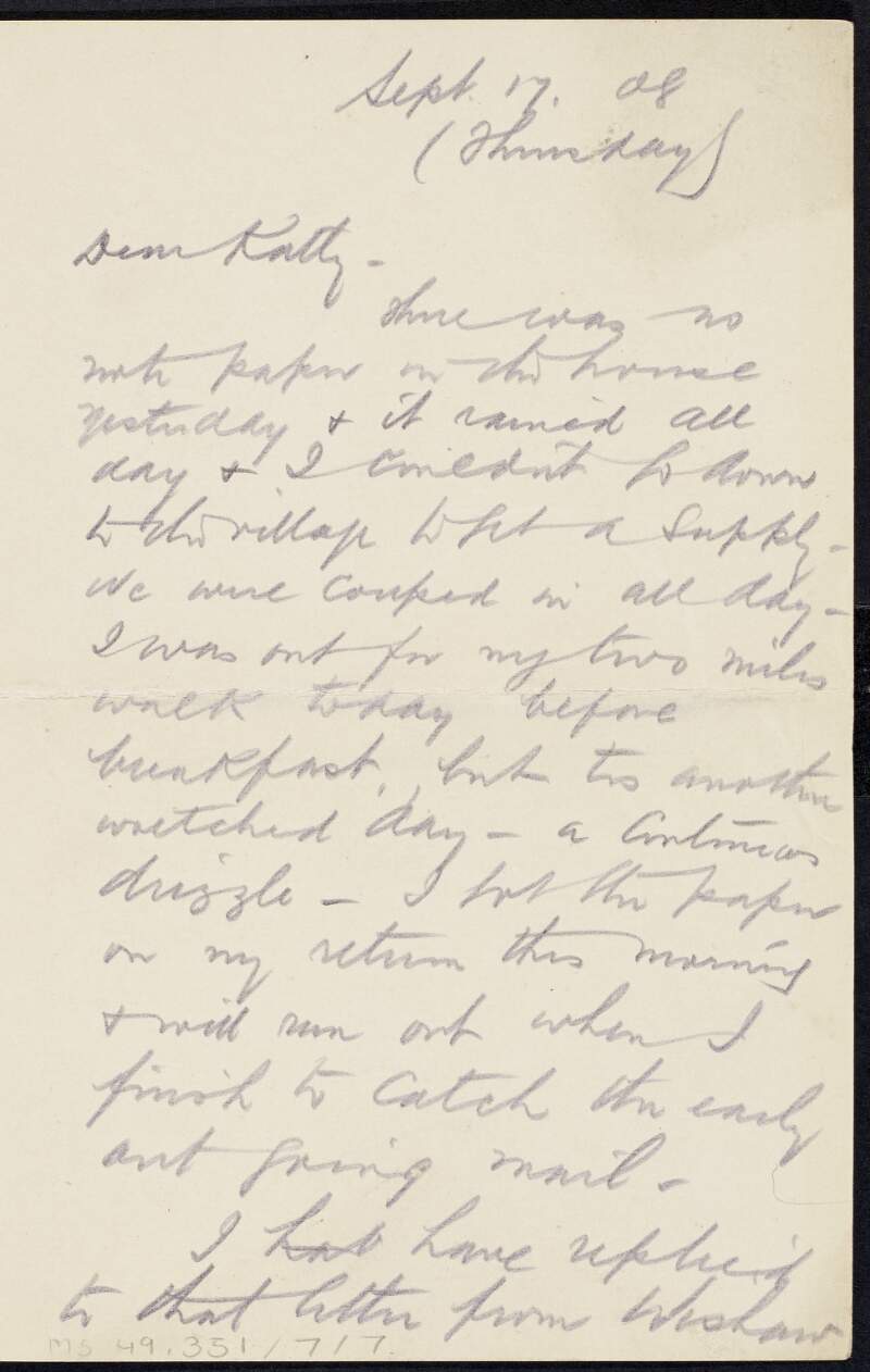 Letter from Tom Clarke to Kathleen Clarke regarding his return to Dublin,