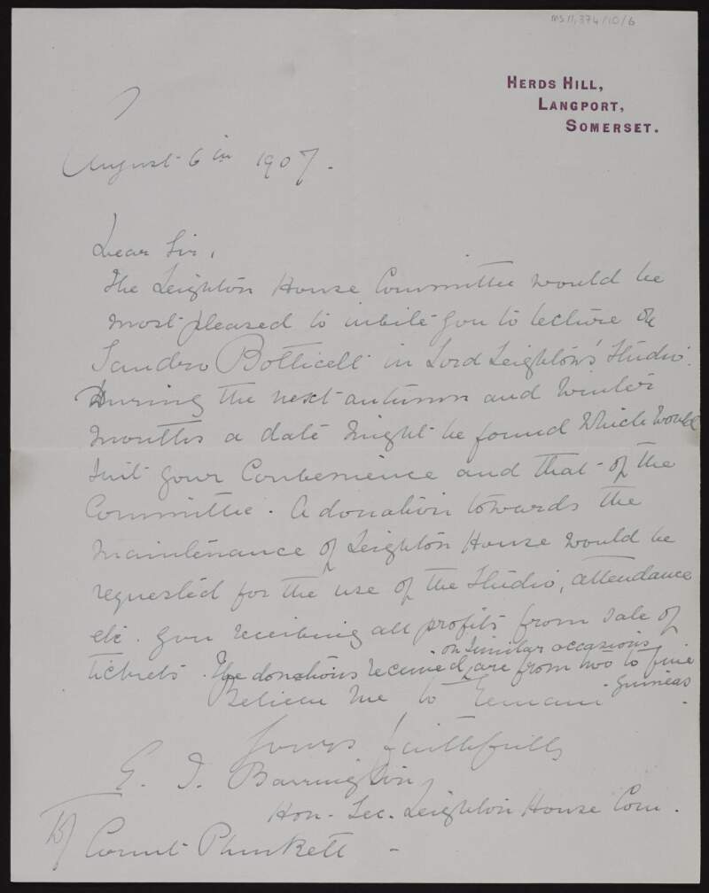 Letter from G. J. Barrington, secretary of Leighton House Committee, to George Noble Plunkett, Count Plunkett, informing him that the Leighton House Committee would host his lecture on Sandro Botticelli,
