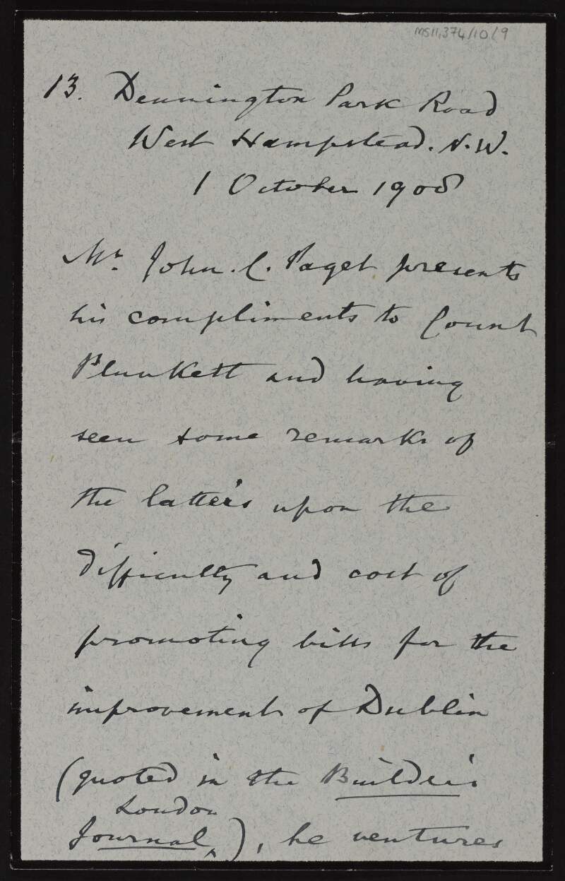 Letter from John C. Paget to George Noble Plunkett, Count Plunkett, about an article on conservative Home Rule and George Noble Plunkett, Count Plunkett's reply,