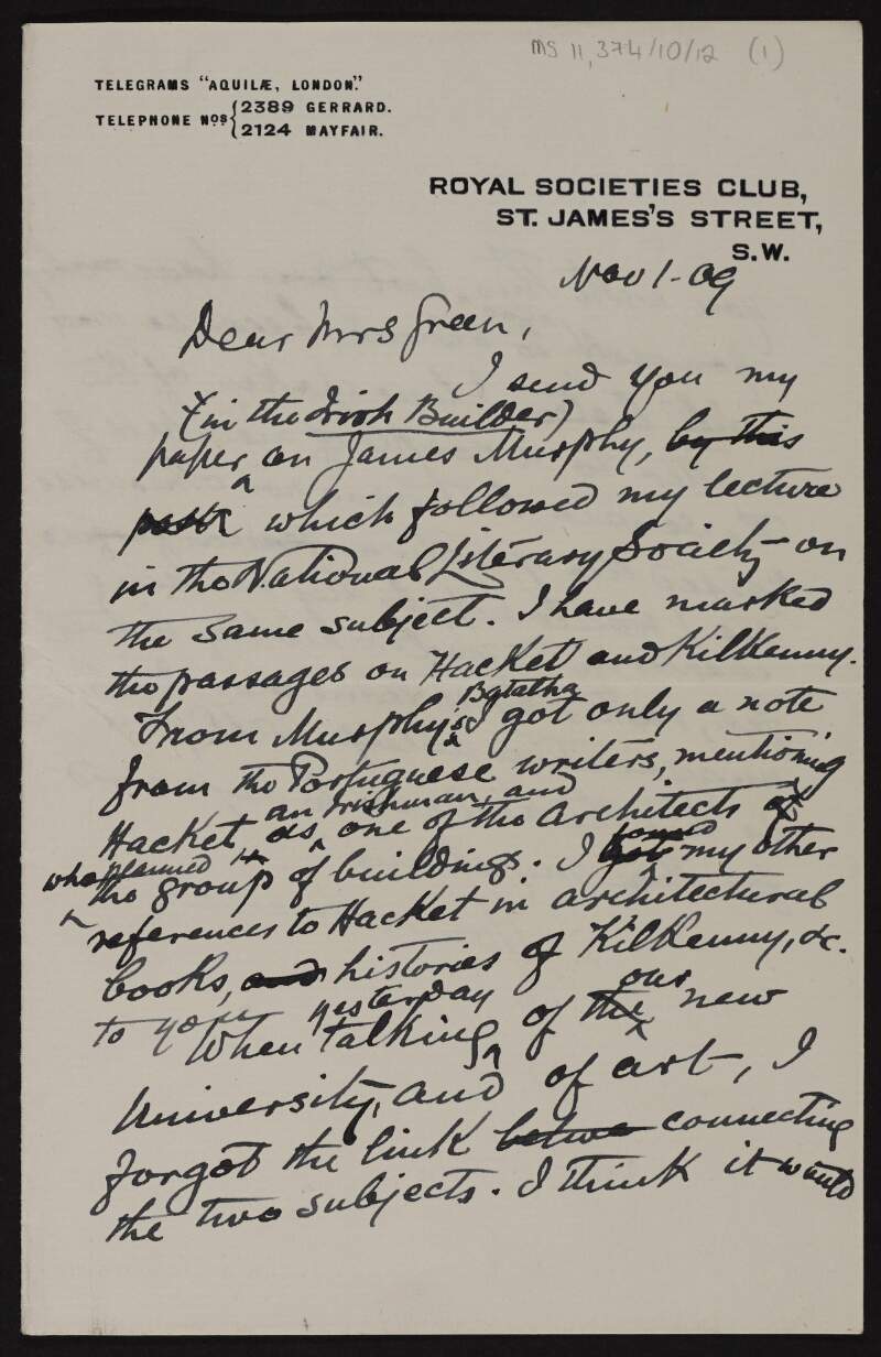 Letter from George Noble Plunkett, Count Plunkett, to Alice Stopford Green about his paper on James Murphy, with a reply from Alice Stopford Green and a reply from Plunkett,