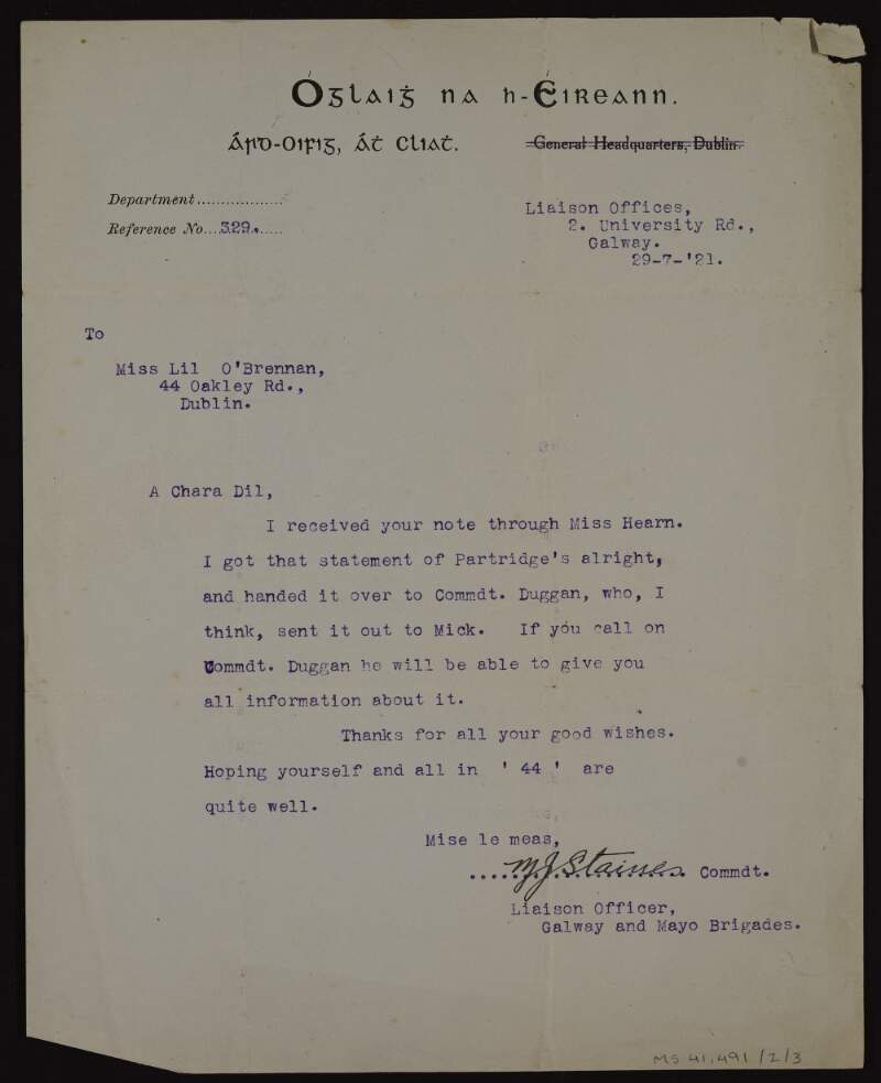 Letter from Commandant M.J. Staines of Óglaigh na h-Éireann to Lily O'Brennan concerning a statement,