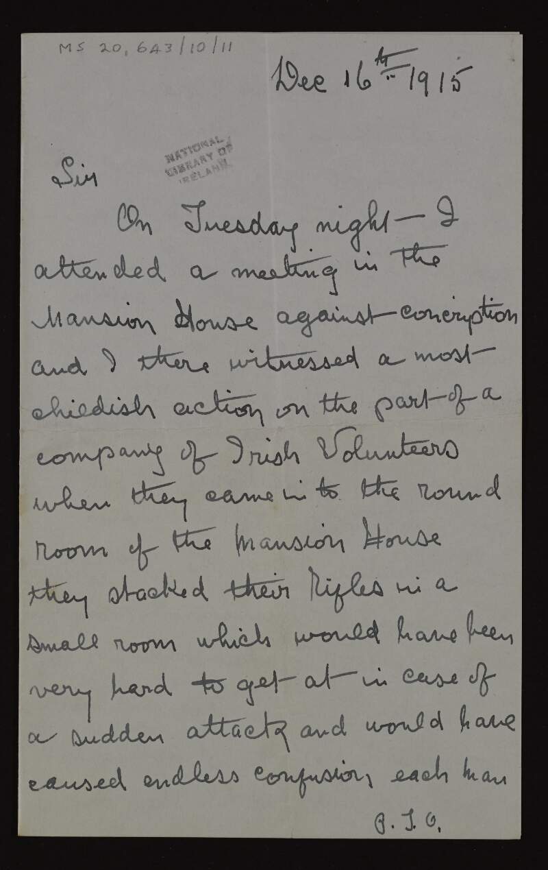 Letter from unidentified author to Thomas MacDonagh relating to an Irish Volunteers' meeting in the Mansion House,