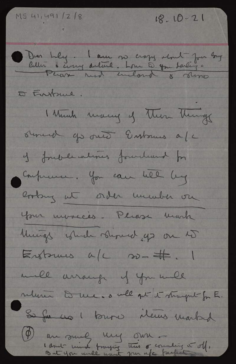 Draft letter from Molly Childers to Erskine Childers concerning accounts,