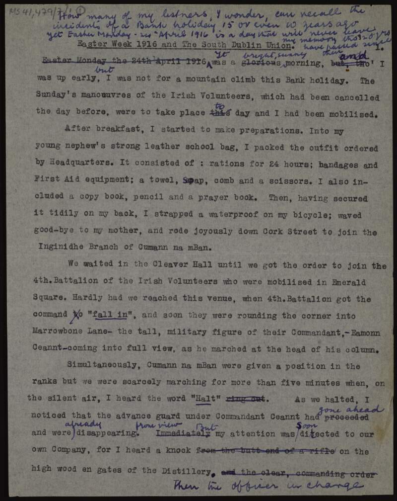 Draft speech by Lily O'Brennan recalling her personal experiences and observations during the Easter Rising,