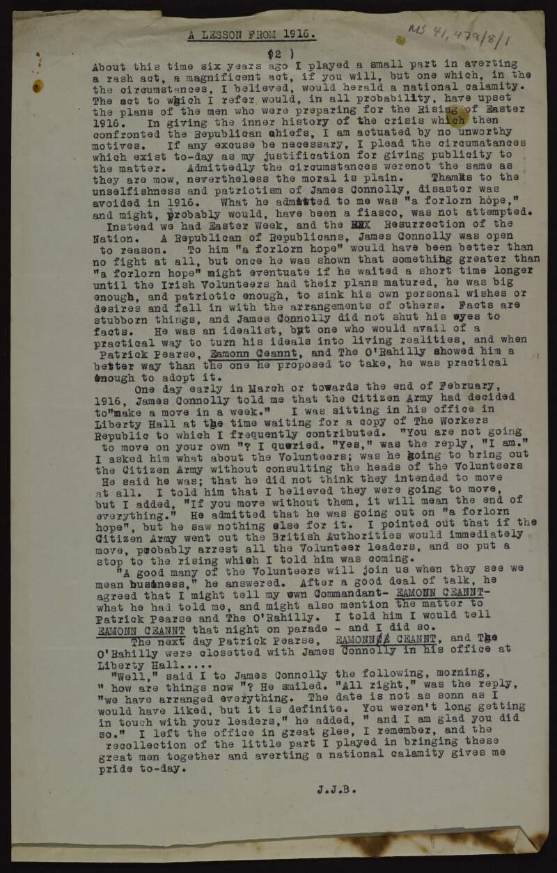 Draft report by "J.J.B." regarding co-operation between the Irish Citizen Army and the Irish Volunteers in planning the Easter Rising,