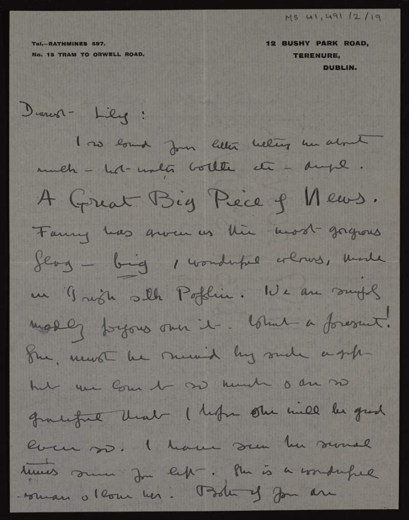 Letter from Molly Childers to Lily O'Brennan concerning a present from Áine Ceannt,