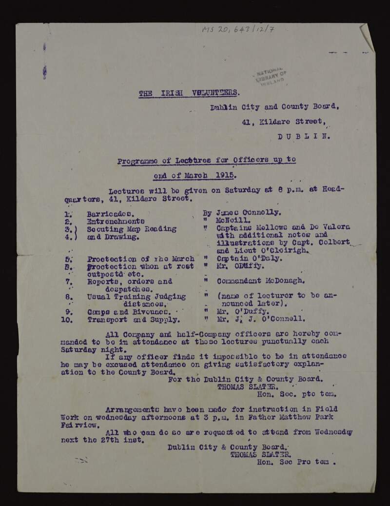 Notice of programme of lectures for officers of the Irish Volunteers,