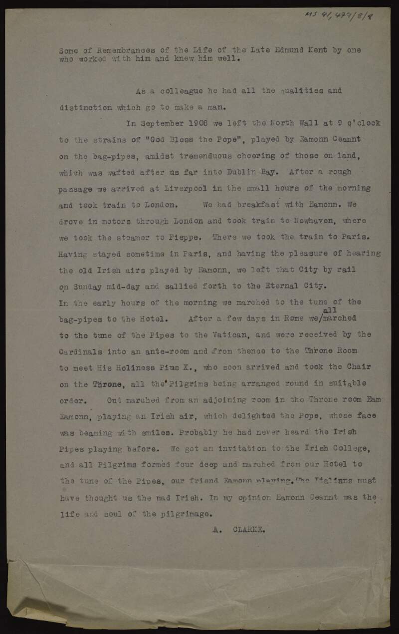 Account by A. Clarke regarding Éamonn Ceannt's visit to Rome in 1908,