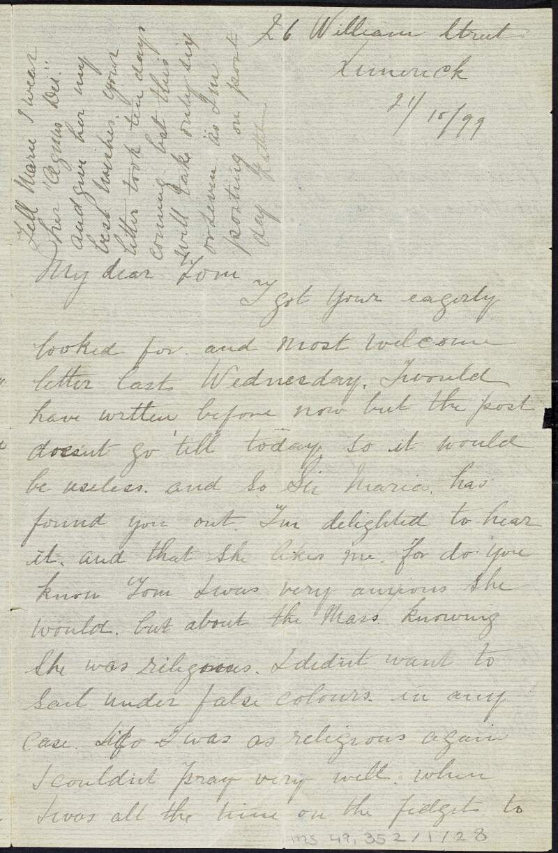 Letter from Kathleen Daly to Tom Clarke regarding his visit to Limerick and a tramway dispute,
